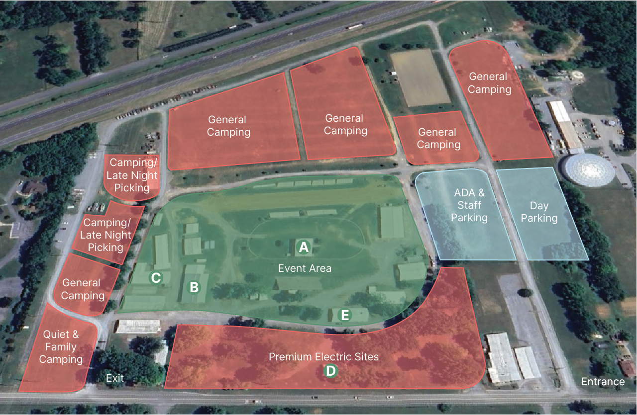 Festival site map with camping and parking sections labelled