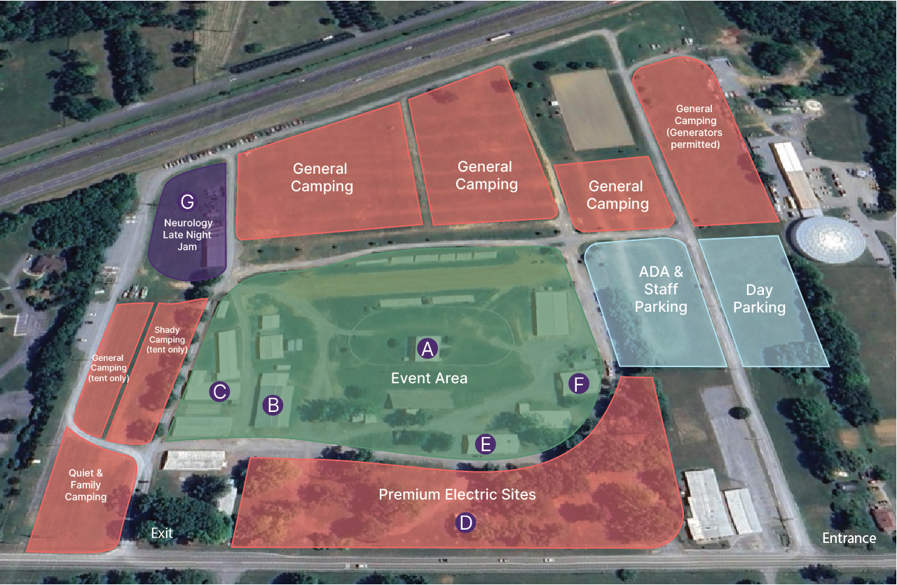 map of the Clarke County Fairgrounds with camping, parking, and event areas listed